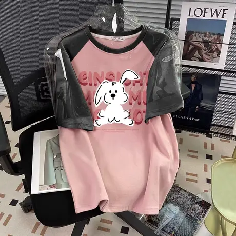 hiphop夏日多巴胺插肩设计感短袖t恤女宽松大码潮ins学生上衣减龄图片