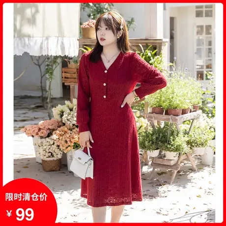 2023年秋季新款显瘦大码胖MM连衣裙蕾丝V领气质收腰A字针织裙新年商品大图
