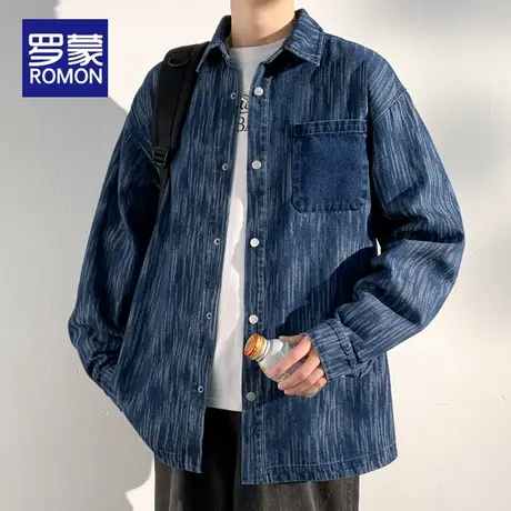 罗蒙牛仔条纹衬衫男2025春秋季新款宽松翻领上衣外套休闲长袖衬衣商品大图
