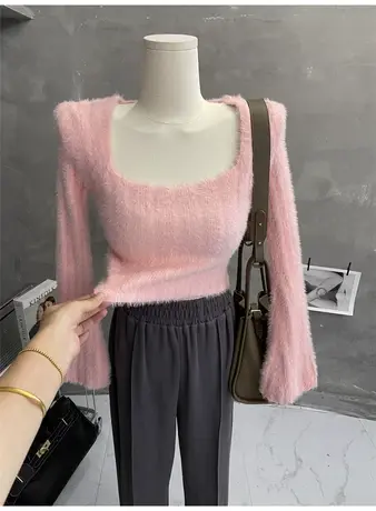 美腻纯欲～软糯毛毛方领针织衫长袖短款毛衣喇叭袖上衣秋冬新2022商品大图