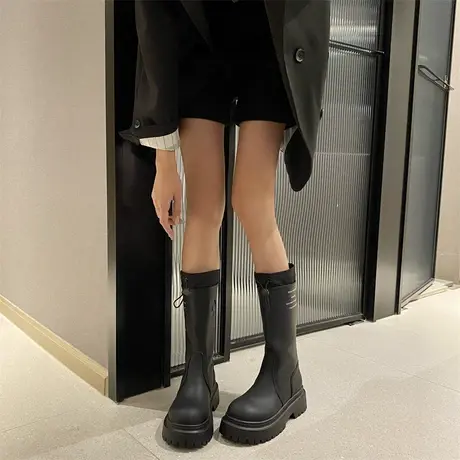 靴子女2023新款春秋百搭黑色长筒靴厚底显瘦ins潮洋气粗跟骑士靴图片