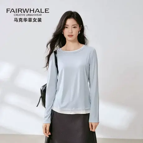 马克华菲假两件长袖T恤女2025秋季新款宽松百搭休闲桑蚕丝打底衫商品大图
