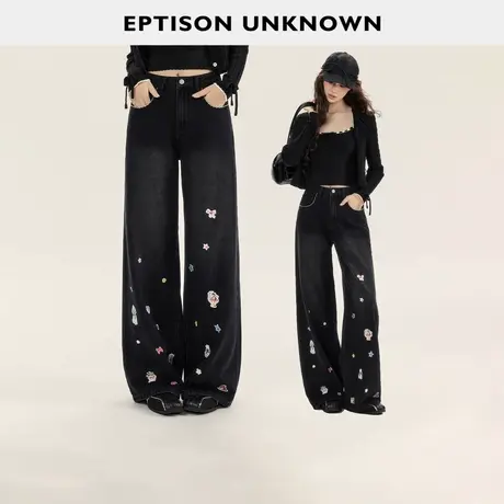 EPTISON牛仔裤女2025秋季新款直筒美式复古可爱卡通印花高街裤子商品大图
