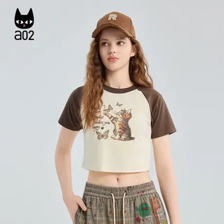 a02黑猫系列短款插肩袖圆领短袖T恤女2025新款秋季设计感秋装上衣商品大图