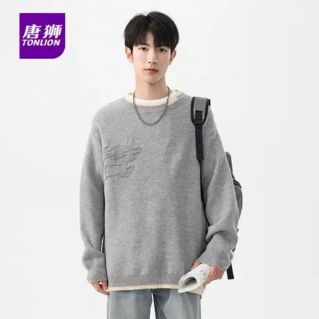 唐狮男士针织衫秋冬季新款假两件做旧浮雕设计套头毛线衣服潮女AP图片