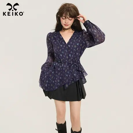 KEIKO 法式复古碎花V领衬衫女2025秋季不规则系带收腰显瘦小上衣图片