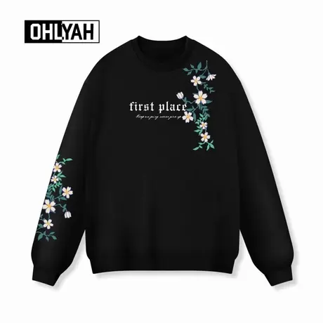 Ohlyah品牌美式潮流花卉印花圆领卫衣男女中性风情侣落肩长袖大码商品大图