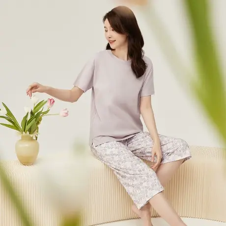 顶瓜瓜睡衣女士夏季纯棉薄款短袖七分裤简约外穿家居服套装女夏天商品大图