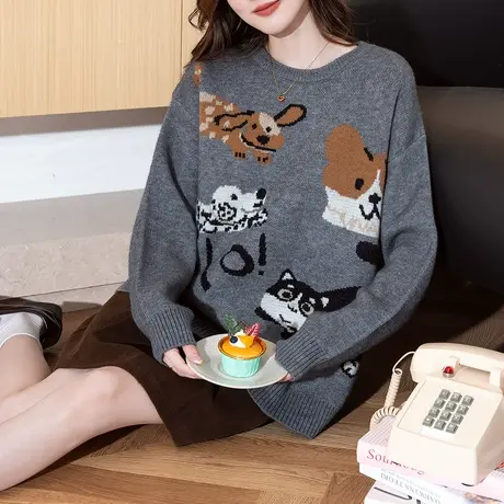 唐狮秋冬新款女毛衣趣味卡通小狗图案宽松圆领套头宽松内搭TD商品大图