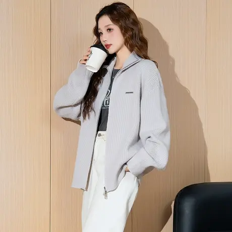 唐狮新款女毛衣开衫拼接净色休闲拉链女士毛衣开衫外套潮TE商品大图