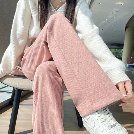 粉色仿羊绒阔腿裤女秋冬新款高腰垂感宽松松紧腰加厚直筒休闲裤子图片