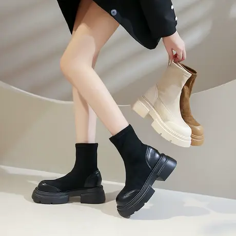 厚底短靴女2023爆款秋冬弹力瘦瘦靴复古英伦马丁靴切尔西加绒棉靴商品大图