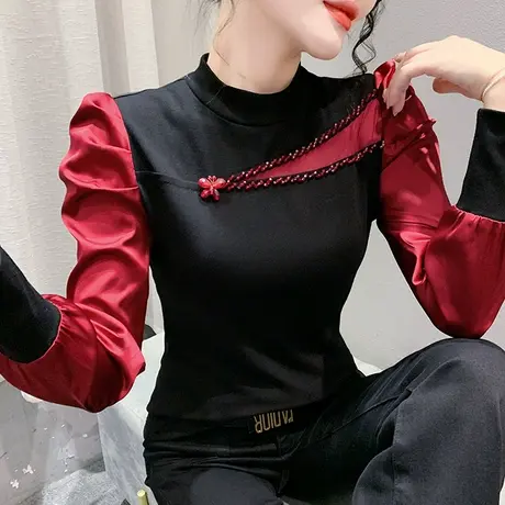 欧货复古烫钻拼接打底衫不规则撞色T恤女长袖性感修身显瘦上衣ins商品大图