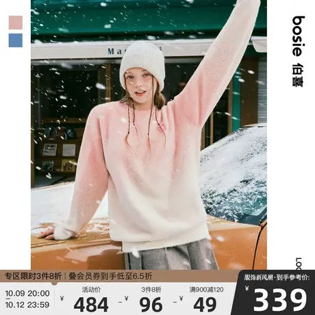 【小花人系列】bosie23年冬新款毛衣男情侣渐变仿貂提花套头毛衫图片