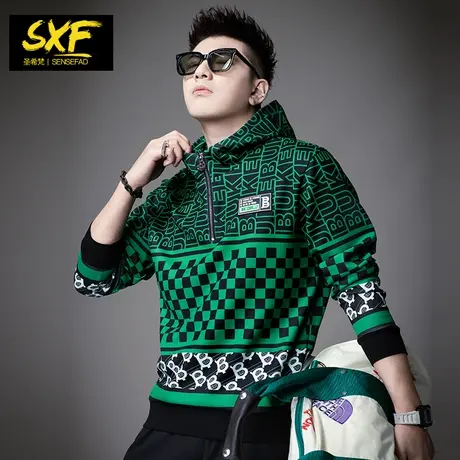 SXF圣希梵男士卫衣2023新款 秋装连帽衫潮牌欧美满花套头上衣服男图片