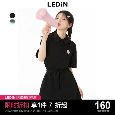 乐町休闲抽绳连衣裙23夏季新款休闲黑色条纹T恤裙休闲短袖连衣裙商品大图