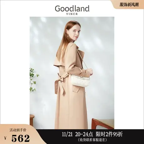 Goodland美地女装2023春季英伦双排扣中长款风衣外套高级感商品大图