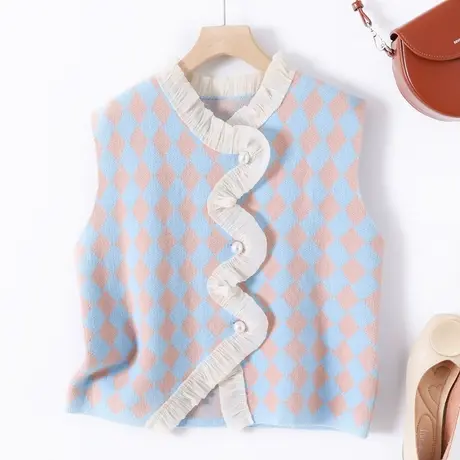 2023春季新款韩版宽松温柔风V领格子针织衫开衫外套马甲珍珠背心商品大图