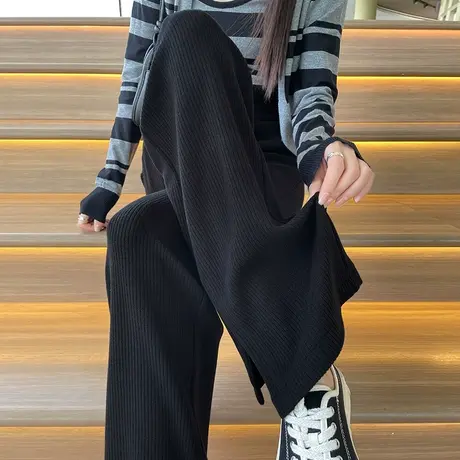 开叉针织阔腿裤女秋冬新款高腰垂感休闲加厚羊绒宽松直筒拖地裤子商品大图