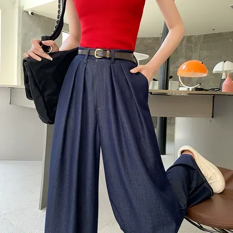 天丝阔腿牛仔裤女春秋薄款显瘦垂感直筒高腰冰丝百搭宽腿拖地裤子商品大图