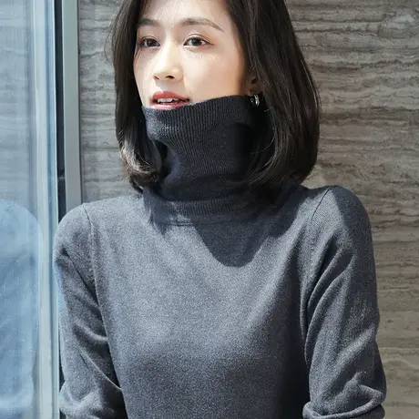 秋冬毛衣女加厚堆堆领修身长袖短款套头高领内搭上衣针织打底衫商品大图