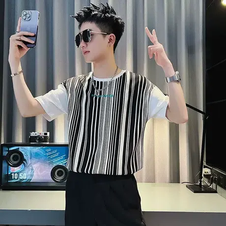 夏季条纹T恤男ins潮牌短袖2023新款夏装痞帅潮流时尚宽松休闲半袖商品大图