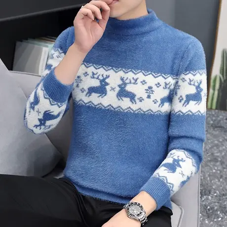 秋季黄金水貂绒半高领毛衣男保暖线衣加厚针织打底衫潮流ins男装图片