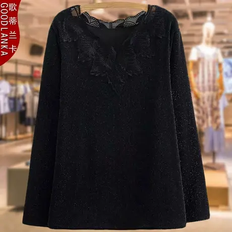 大码女中年胖妈妈加厚长袖上衣秋冬季新款洋气时尚加厚加绒打底衫商品大图