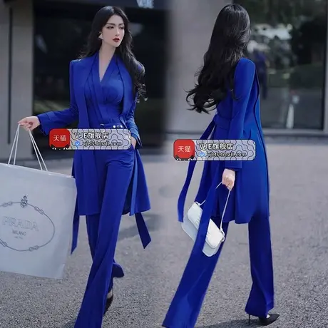 VJE初秋电光蓝缎面气质中长款风衣女新品气质减龄英伦风外套商品大图