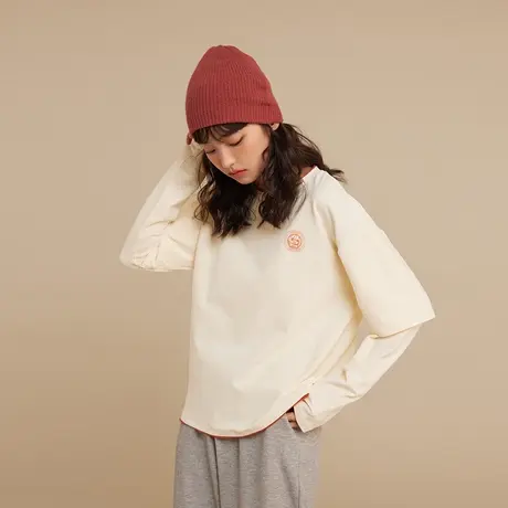 尔给圆领高街国潮宽松长袖t恤女春秋2022年新款设计感假两件上衣商品大图