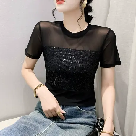 欧货性感网纱T恤女短袖洋气夜店风夏装设计感亮片上衣修身小衫潮商品大图