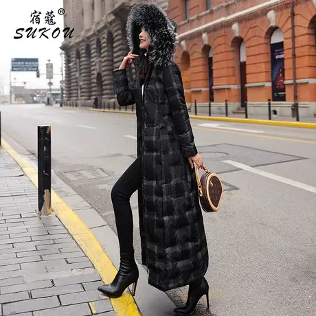 黑色格子大毛领羽绒服女超长款长过膝到脚踝2024年新款韩版冬外套商品大图