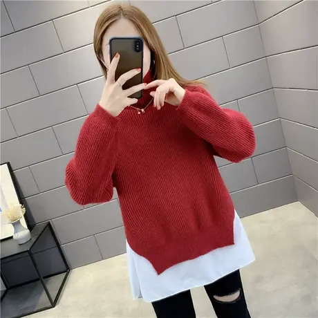 红色假两件高领毛衣冬加厚中长款2022年新款女装爆款宽松洋气慵懒商品大图