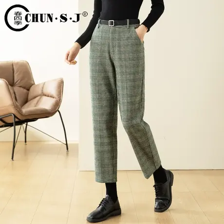 复古英伦格子裤女秋冬显瘦九分仿毛呢烟管裤子高腰直筒裤垂感西裤商品大图