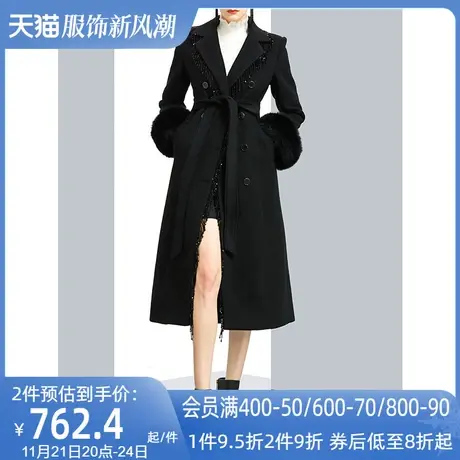 狐狸毛袖口双排扣毛呢外套女冬2022新款黑色垂感干练时尚呢子大衣图片