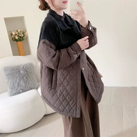 设计感牛仔拼接夹棉外套女秋冬2023新款宽松加厚休闲时尚棉服上衣图片
