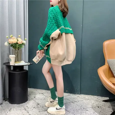 慵懒风卫衣拼接麻花毛衣女秋冬2021年新款宽松圆领套头针织衫上衣图片