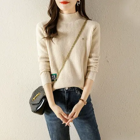 半高领毛衣加厚打底衫女士秋冬季2023新款套头针织衫纯色百搭上衣商品大图