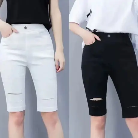 牛仔五分裤女高腰显瘦百搭2023夏季新款大码高弹修身破洞短裤薄款商品大图