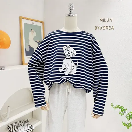 韩国东大门长袖上衣2022秋季新款ins条纹慵懒减龄休闲T恤打底大码商品大图