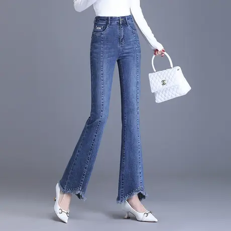设计感毛边牛仔喇叭裤女春秋2023新款高腰修身长裤通勤休闲微喇裤图片