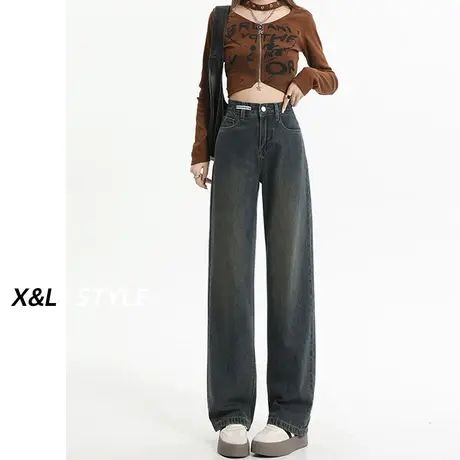 复古水泥灰阔腿牛仔裤女秋冬季2023新款显瘦加绒宽松九分直筒裤子图片