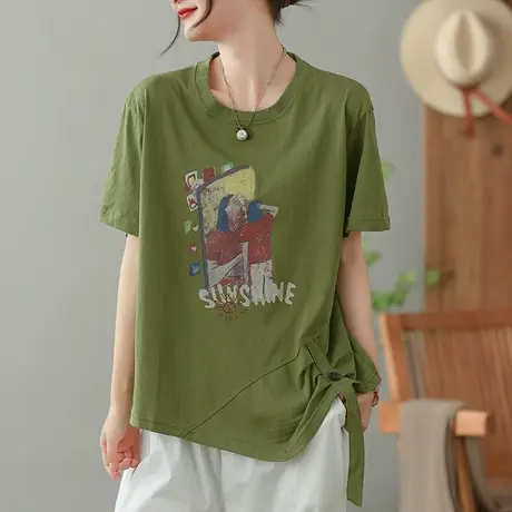 dza卡通印花纯棉短袖T恤女2023夏季圆领打底体恤休闲宽松套头上衣商品大图