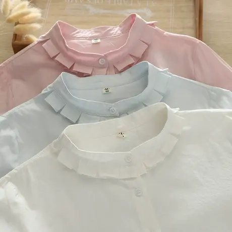 春秋装日系文艺小清新减龄纯棉花边立领长袖白衬衫女学生打底上衣商品大图