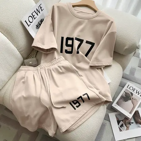 网红炸街港风运动服套装女夏季薄款宽松短袖短裤小个子休闲两件套图片