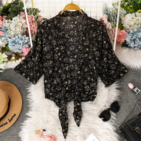 春秋雪纺开衫女短款上衣坎肩配吊带裙子黑色小外套长袖防晒衫披肩图片