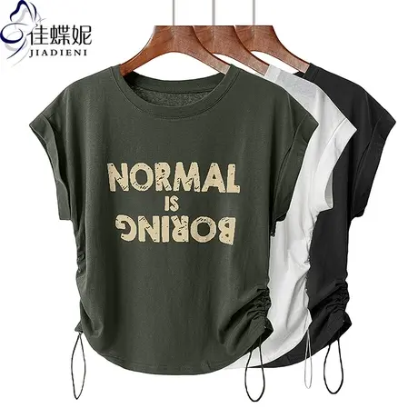 夏季新款圆领宽松纯棉抽绳落肩印花复古欧美短袖体恤上衣女打底衫商品大图