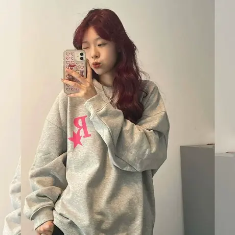 韩风chic灰色卫衣女秋季vintage大码套头薄款上衣潮ins闺蜜装外套商品大图