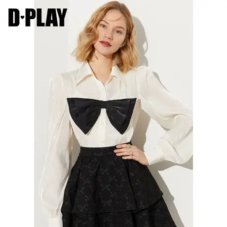 DPLAY秋季款时尚撞色甜美蝴蝶结奶油白色垂感鎏光纱衬衫图片