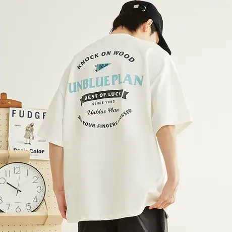 UNBLUE刺绣日系潮流男生短袖T恤男纯棉2023新款夏季白色衣服男款图片